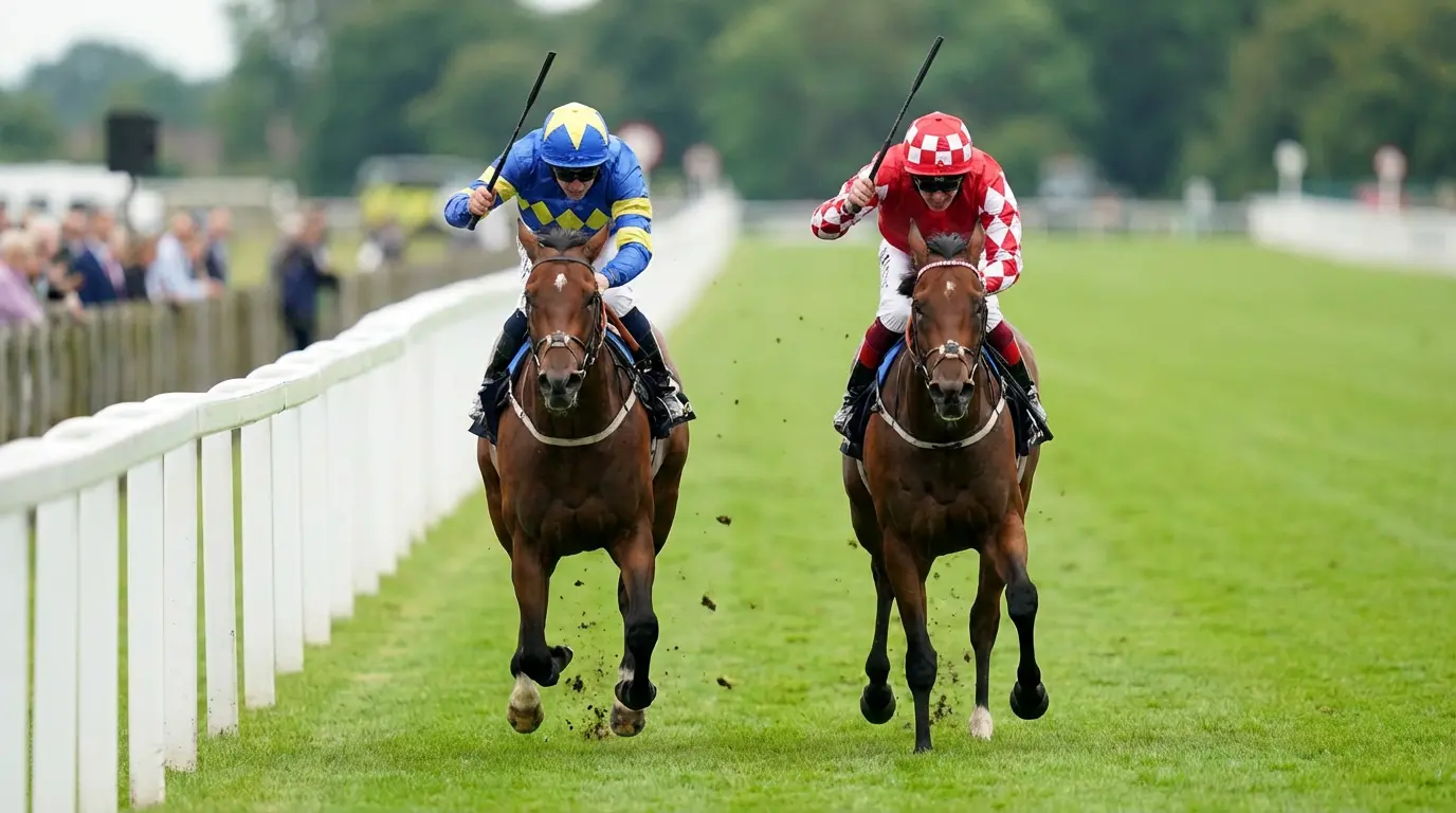 Due cavalli al galoppo affiancati in volata durante una corsa ippica