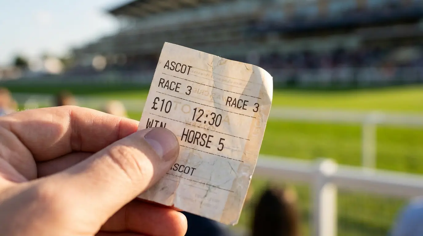 Mano che tiene una ricevuta di scommessa ippica davanti a una pista di corse