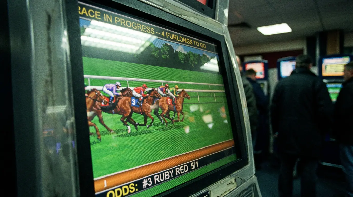 Schermo di un terminale con una corsa di cavalli virtuale in svolgimento