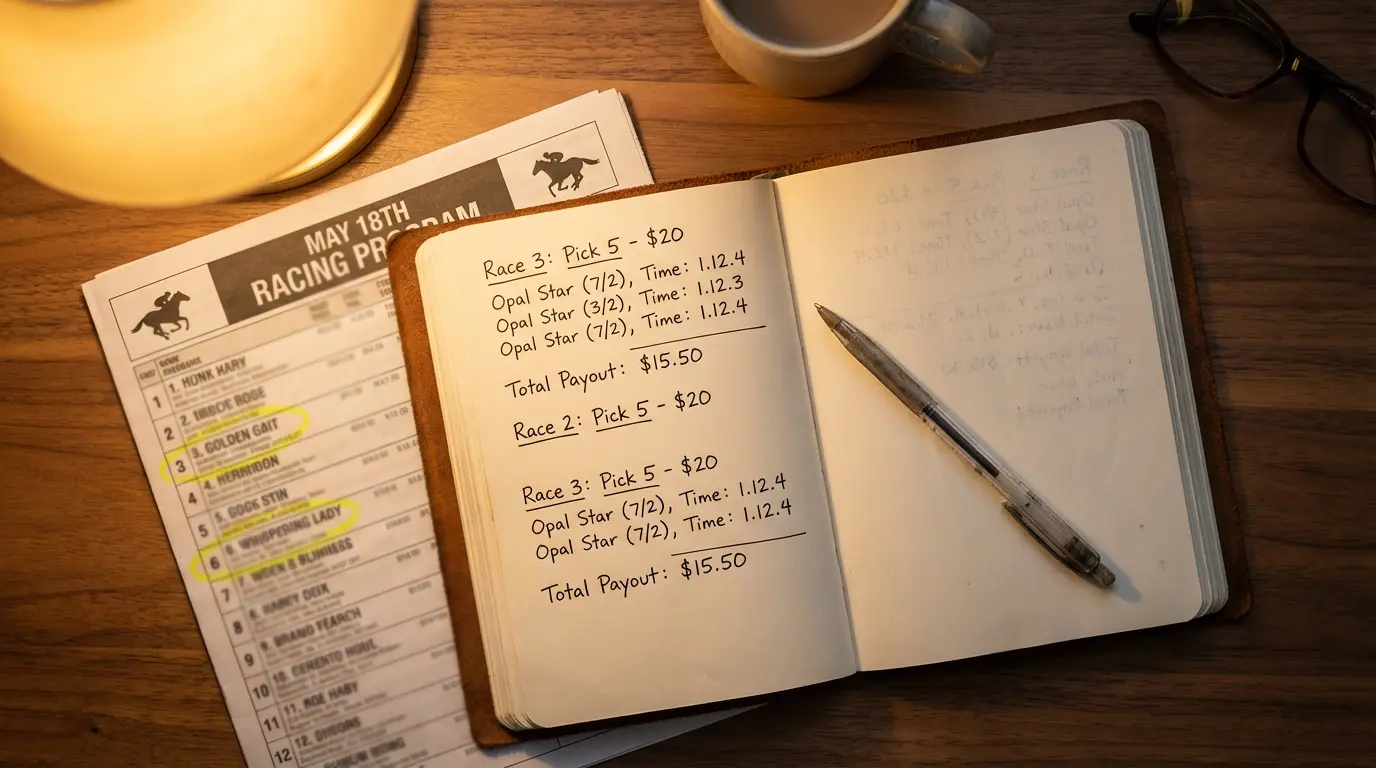 Mano che scrive appunti su un taccuino accanto a un programma di corse ippiche