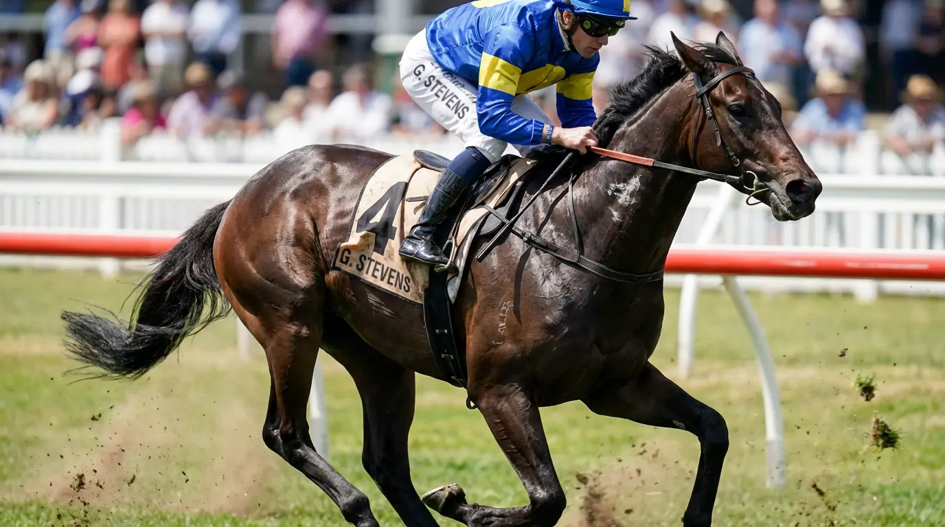 Fantino in sella a un cavallo da galoppo con sella e peso da corsa visibili