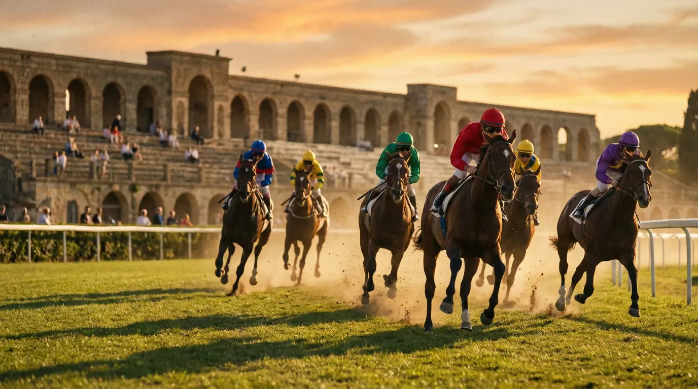 Panorama di una corsa di cavalli in un ippodromo italiano con tribune sullo sfondo