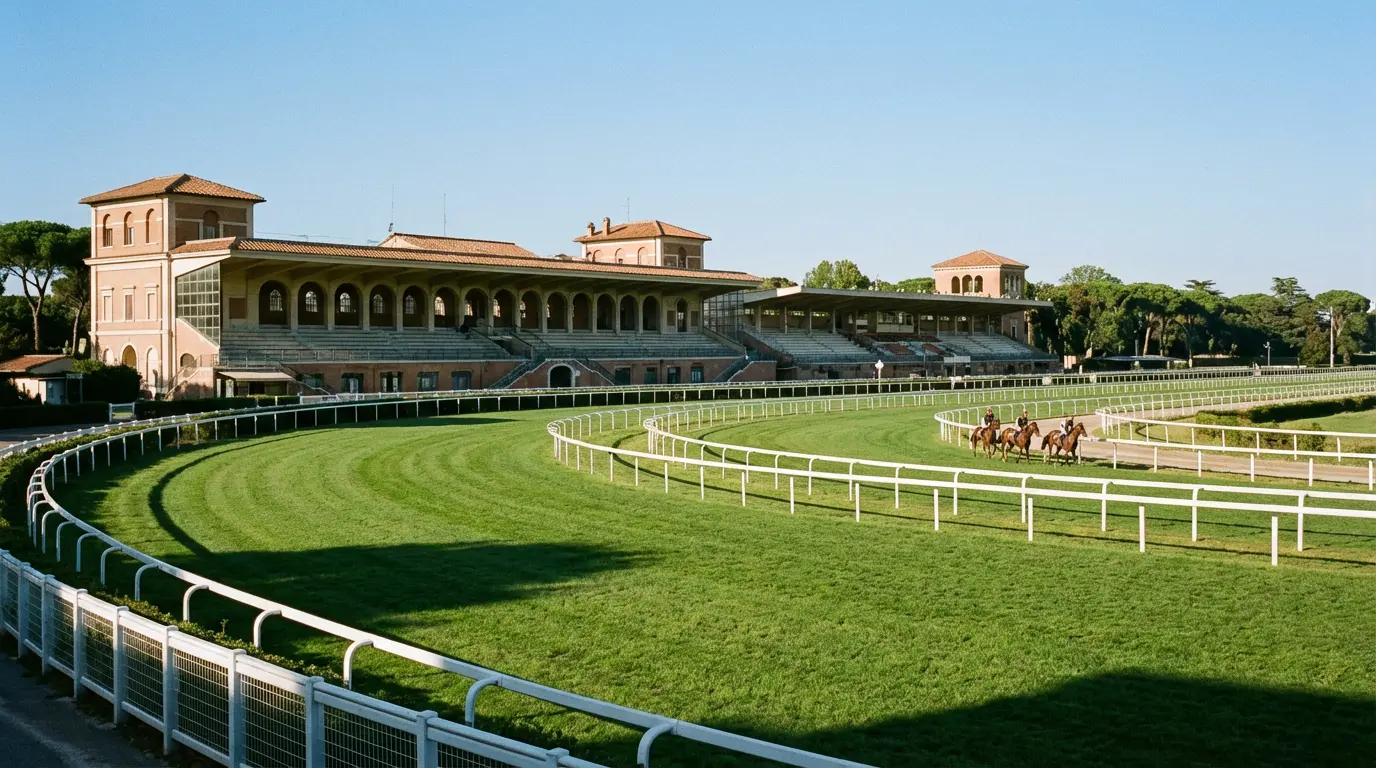 Pista di un ippodromo italiano con tribune e terreno erboso al galoppo