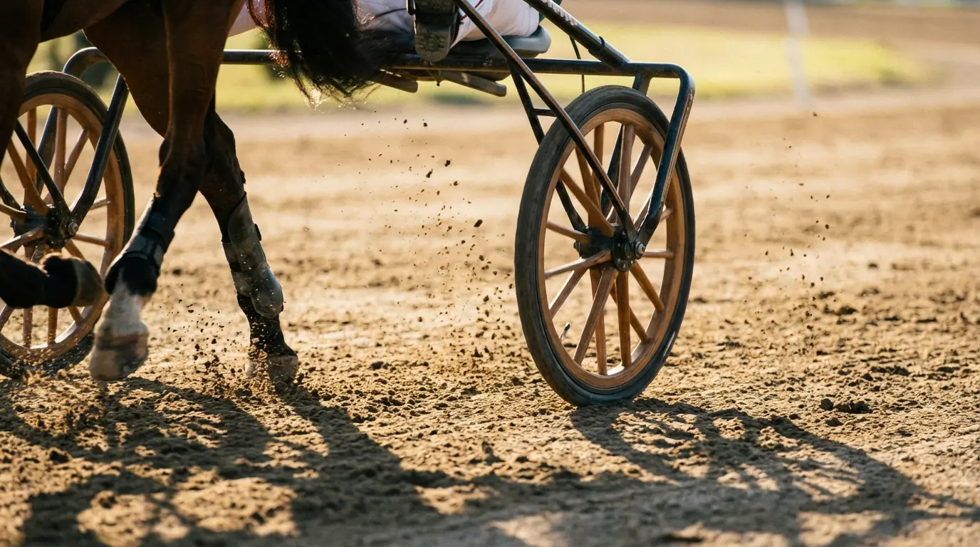 Sulky da trotto su pista in sabbia visto da vicino durante una corsa