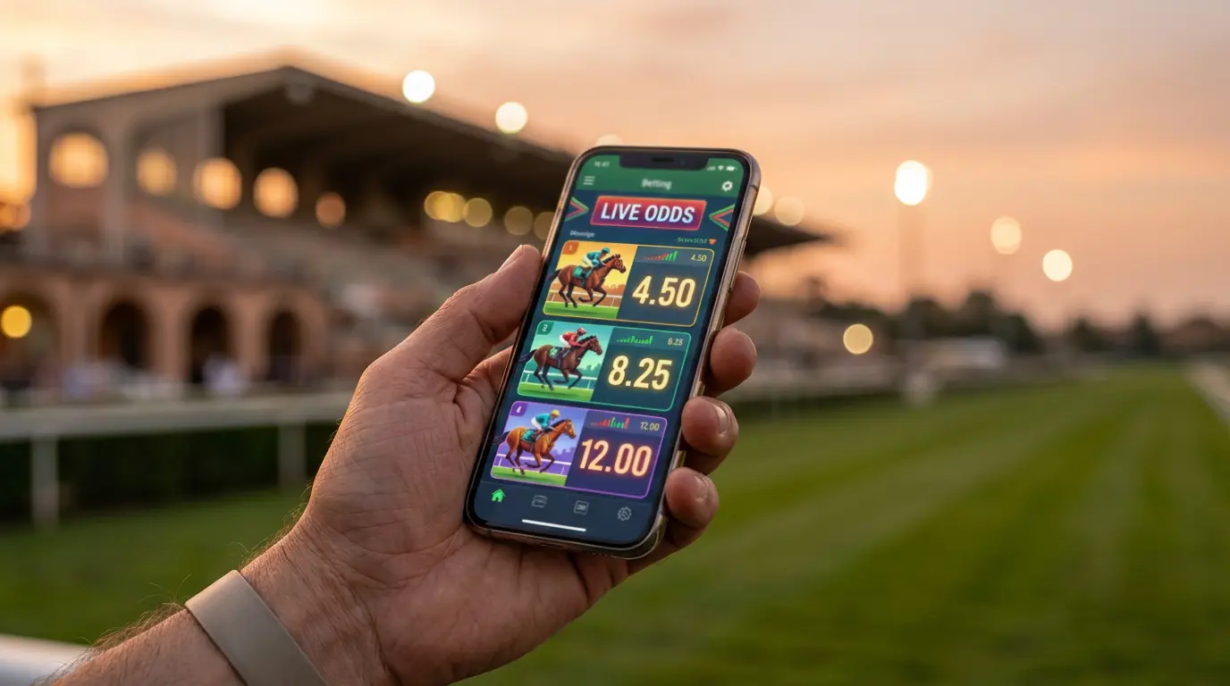 Smartphone con schermata di scommesse ippiche su sfondo di ippodromo al tramonto