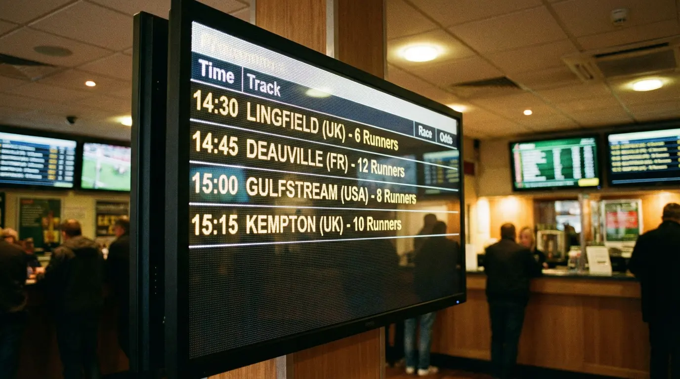 Schermo di un bookmaker con elenco delle corse ippiche nazionali e internazionali
