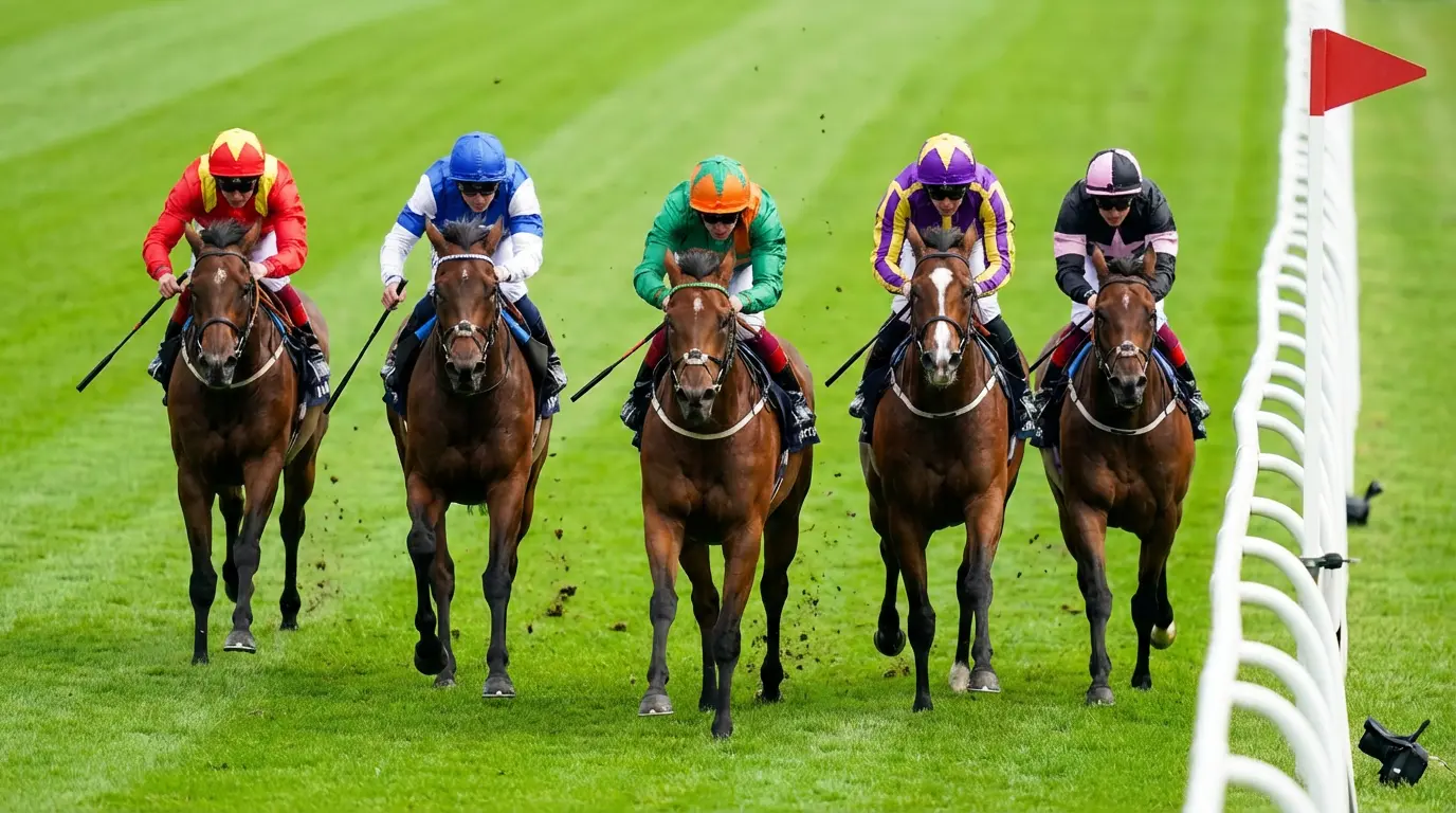 Gruppo di cavalli al galoppo ravvicinati in arrivo su pista erbosa