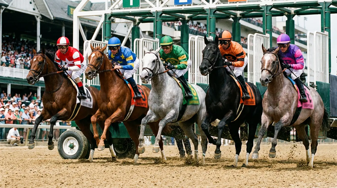 Cinque cavalli da corsa allineati al cancello di partenza di un ippodromo