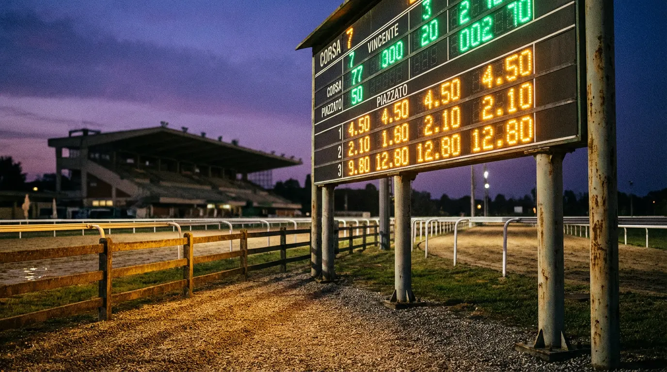 Tabellone delle quote al totalizzatore in un ippodromo italiano con numeri luminosi