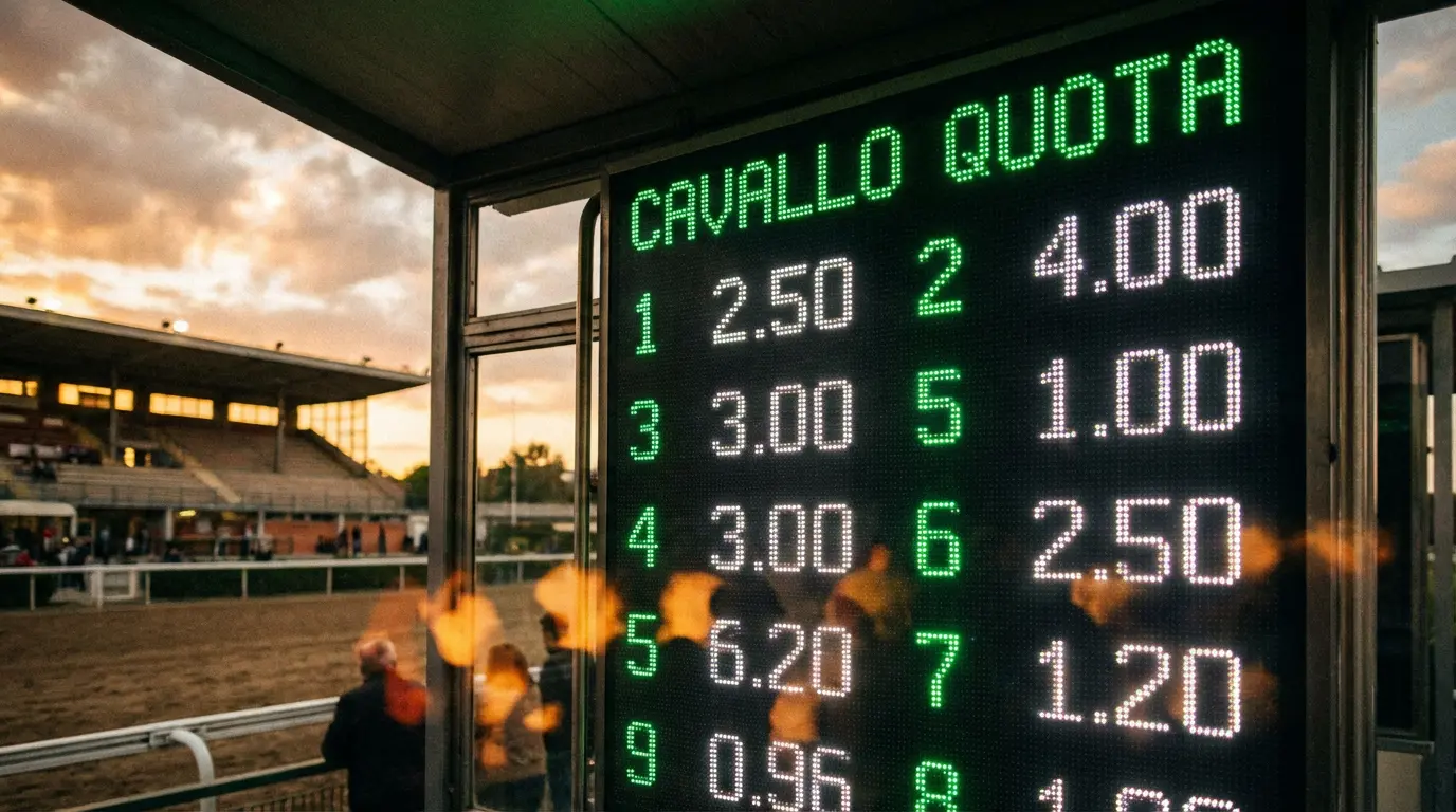 Tabellone quote di un ippodromo con numeri dei cavalli e quote decimali