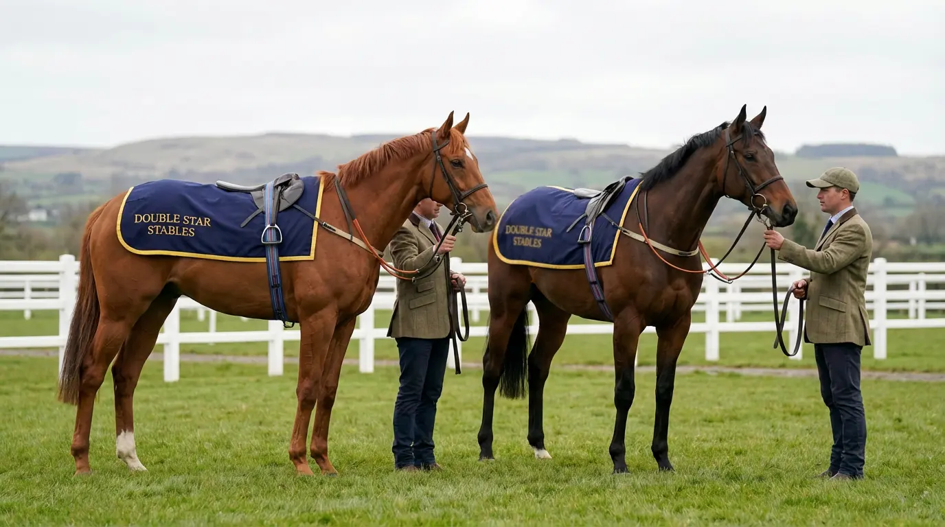 Due cavalli con la stessa livrea di scuderia affiancati nel paddock