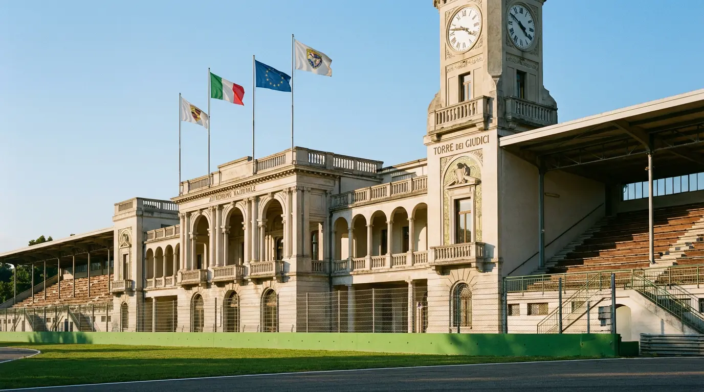 Tribuna ufficiale di un ippodromo italiano con bandiere istituzionali