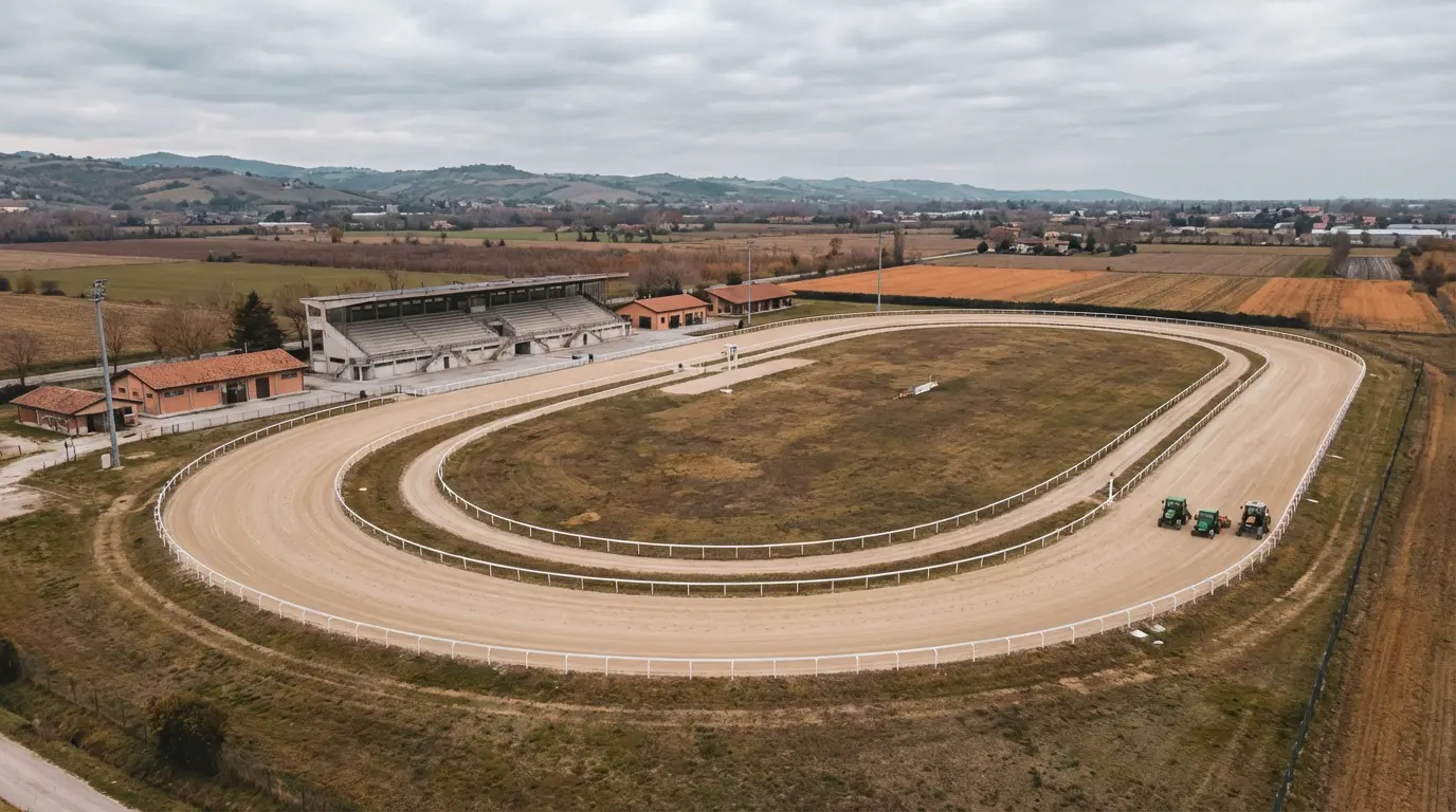 Ippodromo italiano con tribune vuote e pista di trotto vista dall'alto