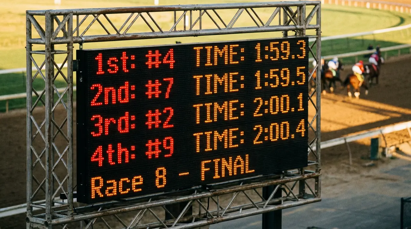Tabellone elettronico con ordine di arrivo e tempi di una corsa ippica