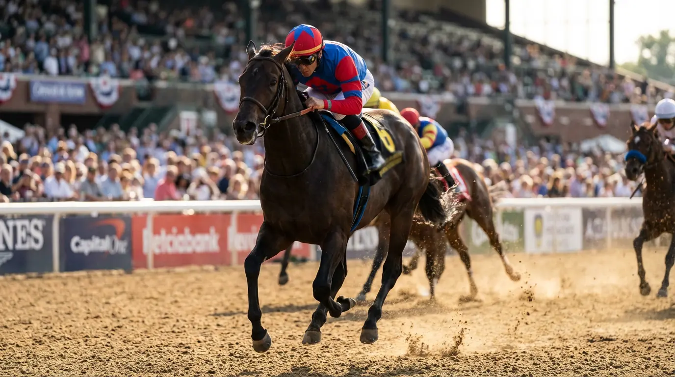 Cavallo al galoppo in testa durante una corsa ippica su pista in terra battuta