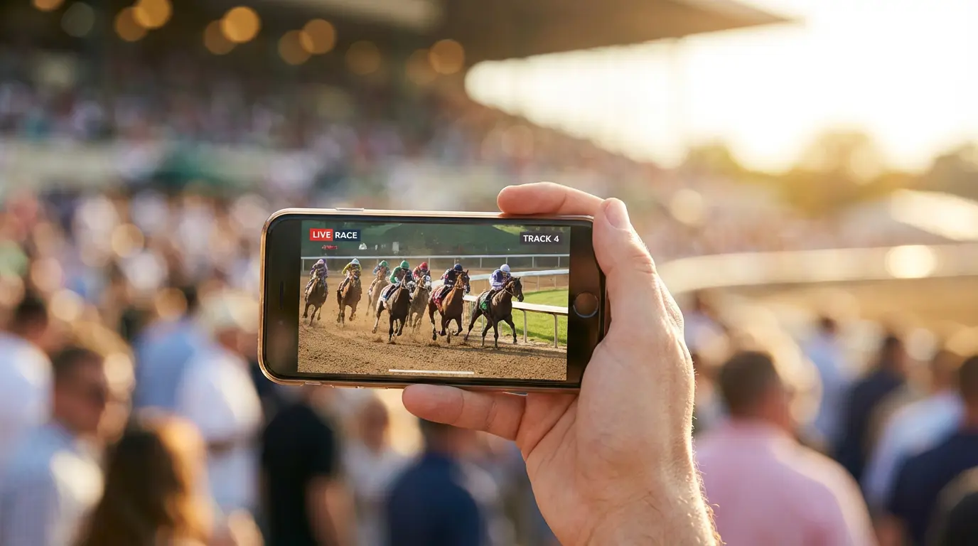 Smartphone con streaming di una corsa di cavalli in diretta su sfondo di ippodromo
