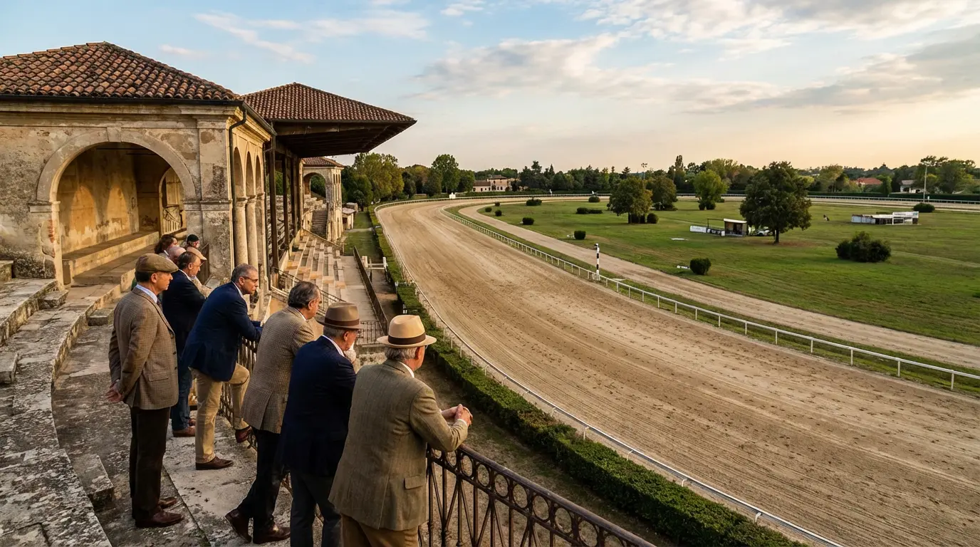 Ippodromo italiano con tribune e spettatori durante una giornata di corse di cavalli