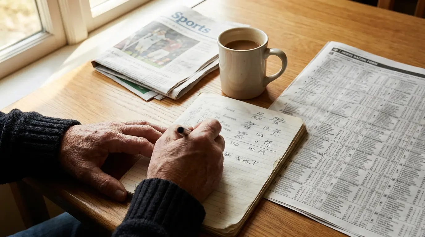 Persona che analizza dati e statistiche delle corse di cavalli con appunti e penna su un quaderno