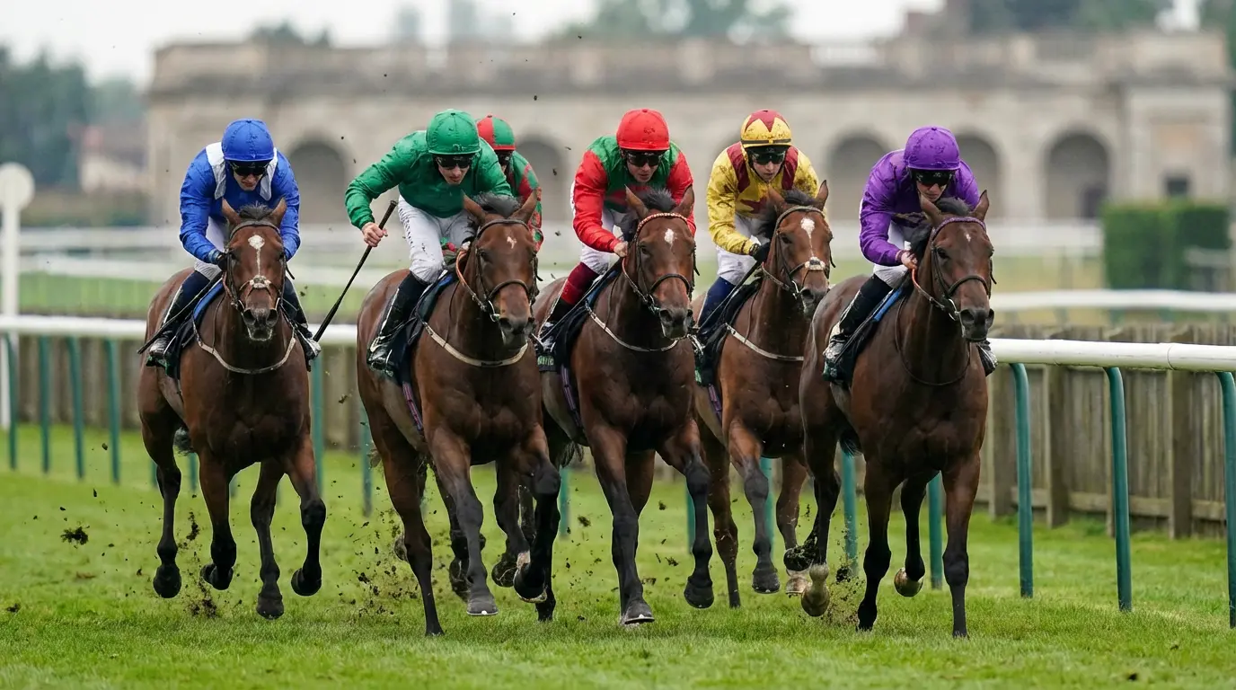 Primo piano di cavalli da corsa in gruppo durante una competizione ippica con fantini in azione