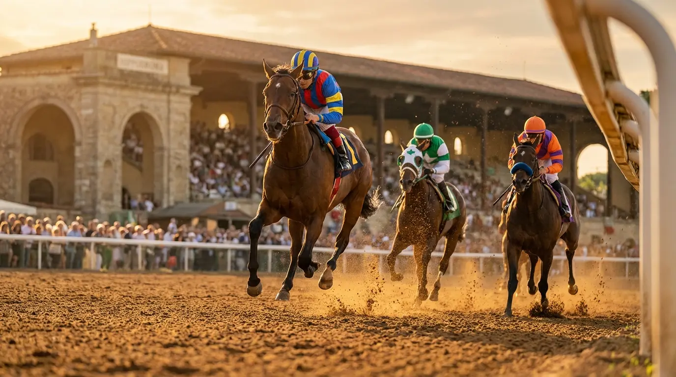 Cavalli al galoppo durante una corsa ippica su pista in terra battuta con fantini in tenuta da gara