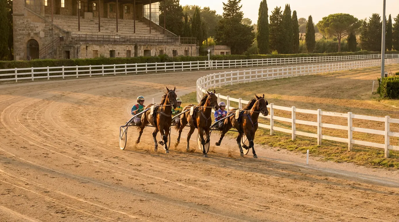 Tre cavalli al trotto in gruppo ravvicinato su pista di ippodromo italiano