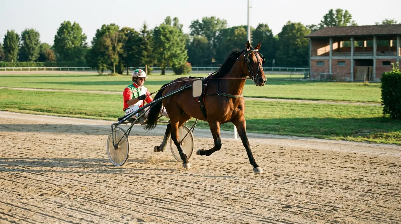 Cavallo trottatore con sulky e driver durante una corsa al trotto su pista italiana